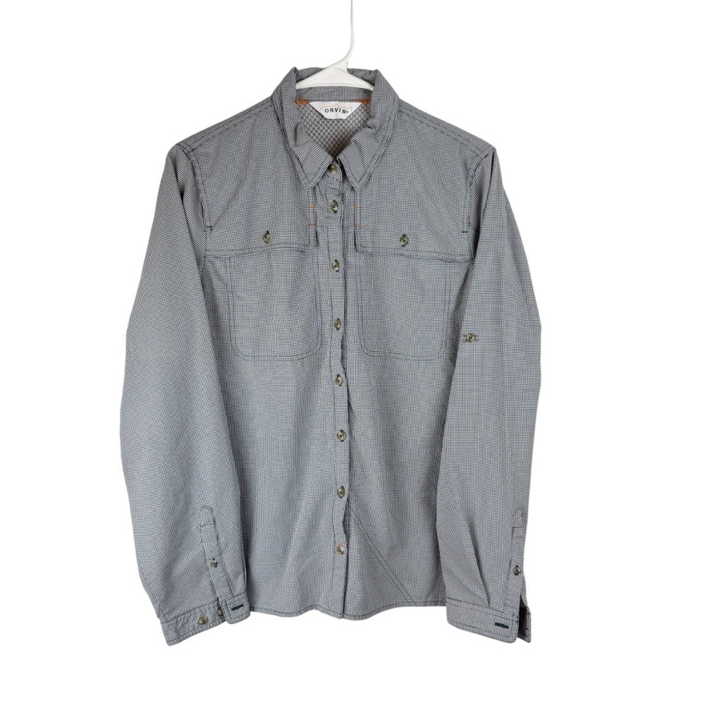 Orvis Navy Gray Casual Button Down Textured Fabric Roll Tab Fishing Shirt Sz L